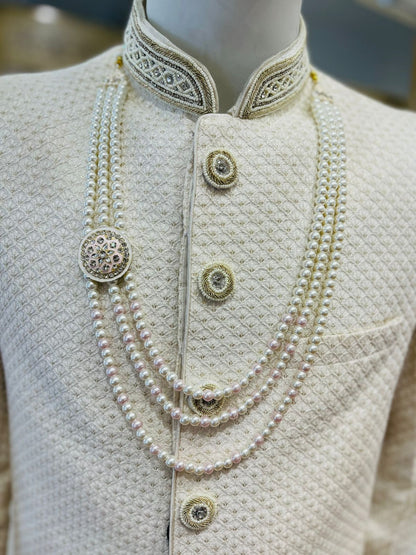 Off-White Groom Kantha Necklace with Peach Brooch & 3-Layer Pearl Mala | Stone Detailing | Sherwani Jewelry