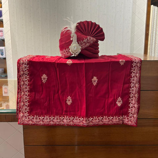 Red Groom Turban with Embroidered Border, Lightweight & Adjustable Turban Shawl for Sherwani