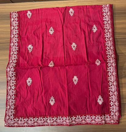 Red Groom Turban with Embroidered Border, Lightweight & Adjustable Turban Shawl for Sherwani