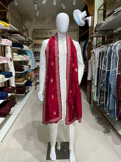 Red Embroidered Groom Shawl and Turban Set for Sherwani