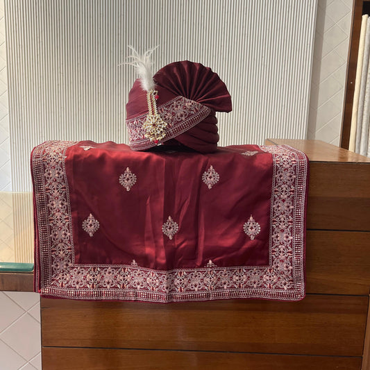 Maroon Indian Wedding Turban | Embroidered Border Sherwani Pagri | Lightweight Adjustable Safa with Velcro