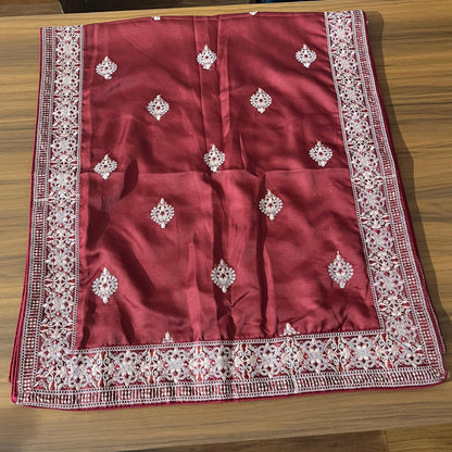 Maroon Wedding Safa Turban & Shawl Set for Groom, Embroidery Border Sherwani Pagri