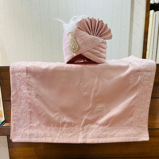 Premium Dusty Rose Indian Groom Safa Turban & Shawl Set for Sherwani, Adjustable Safa Pagri with Embroidery Border