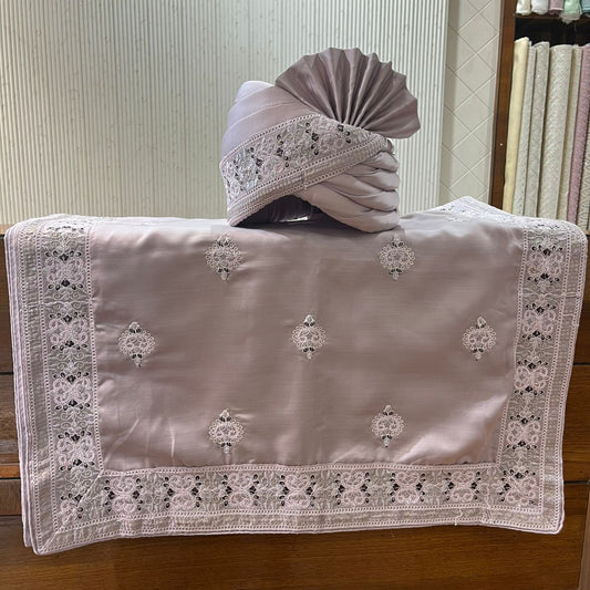 Soft Lavender Indian Groom Turban & Shawl Set, Elegant Safa with Embroidery Border for Sherwani
