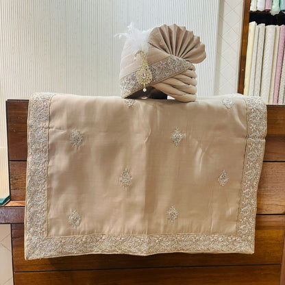 Men's Light Brown Turban & Shawl Set | Elegant Safa Stole with Embroidery for Sherwani