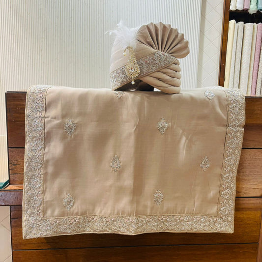 Men's Light Brown Turban & Shawl Set | Elegant Safa Stole with Embroidery for Sherwani