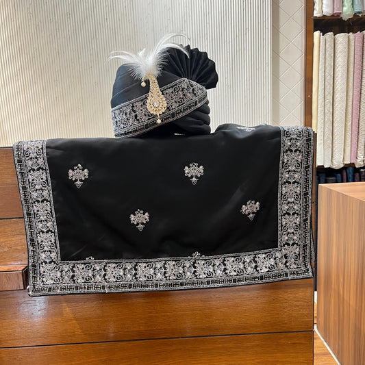 Men's Wedding Black Turban & Shawl Set, Grey Embroidered Safa for Groom, Sherwani Accessory