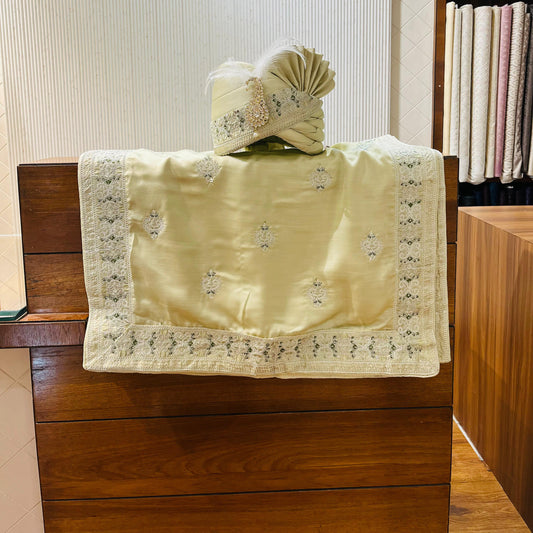 Gold Safa Turban & Shawl Set for Indian Wedding, Elegant Sherwani Accessory for Groom