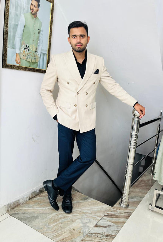 Ivory Corduroy Groom Suit | Double Breasted Wedding Suit