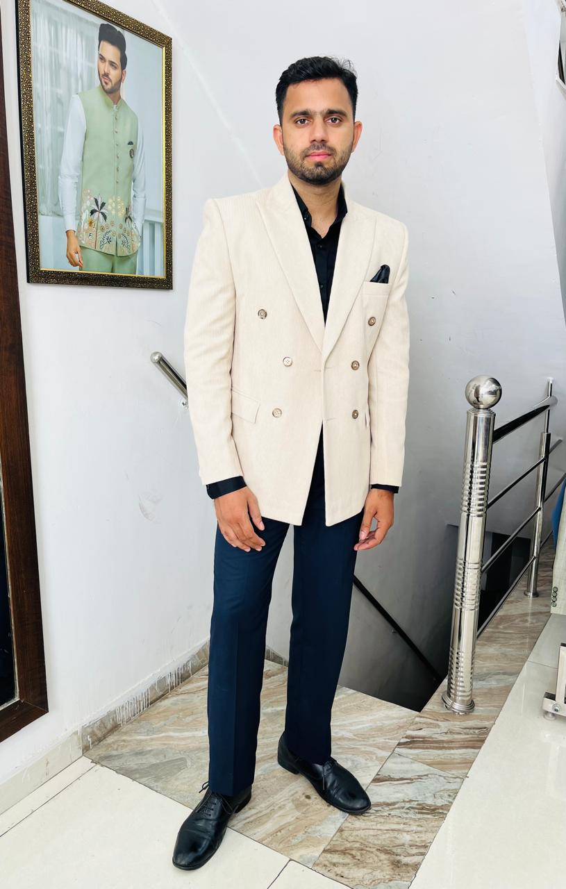 Ivory Corduroy Groom Suit | Double Breasted Wedding Suit