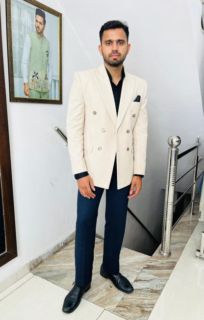 Ivory Corduroy Groom Suit | Double Breasted Wedding Suit