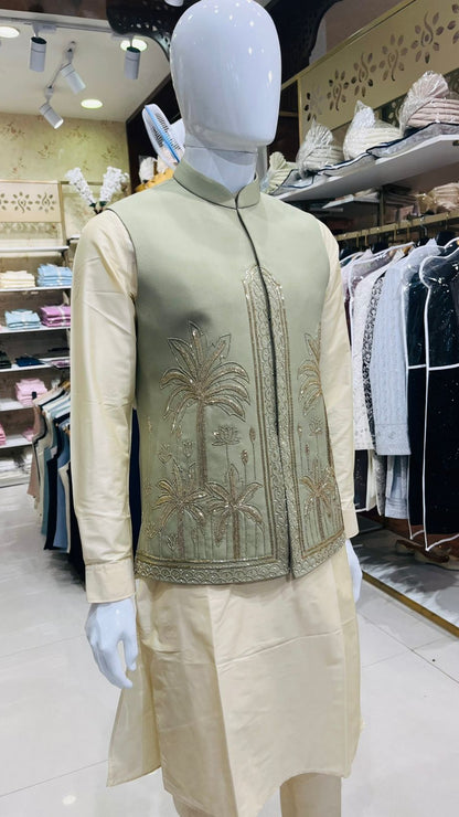 Sage Green Bandhgala Jacket with Beige Kurta Pajama Set, Zardozi Embroidered Nehru Jacket Set,