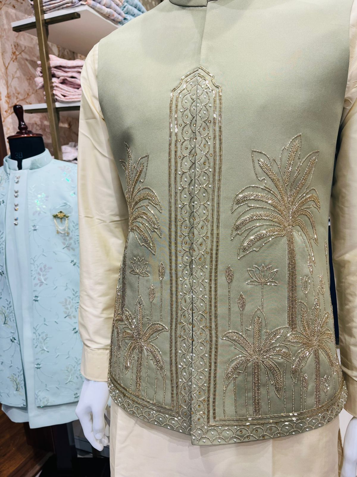 Sage Green Bandhgala Jacket with Beige Kurta Pajama Set, Zardozi Embroidered Nehru Jacket Set,