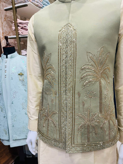Sage Green Bandhgala Jacket with Beige Kurta Pajama Set, Zardozi Embroidered Nehru Jacket Set,