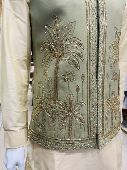 Sage Green Bandhgala Jacket with Beige Kurta Pajama Set, Zardozi Embroidered Nehru Jacket Set,