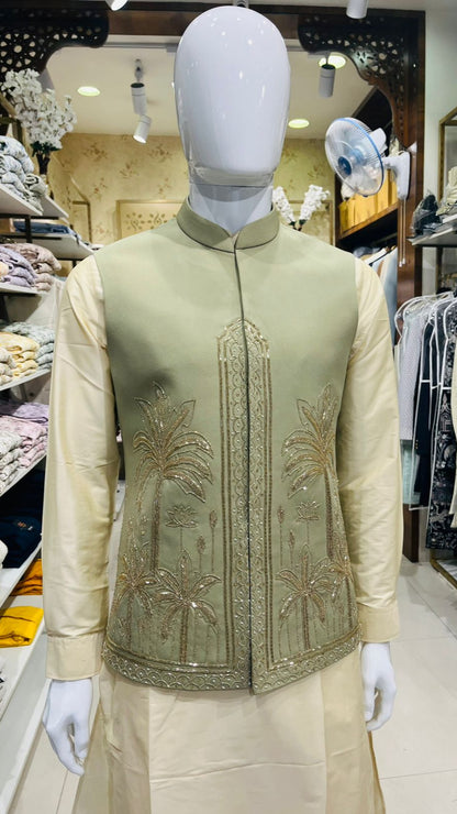 Sage Green Bandhgala Jacket with Beige Kurta Pajama Set, Zardozi Embroidered Nehru Jacket Set,