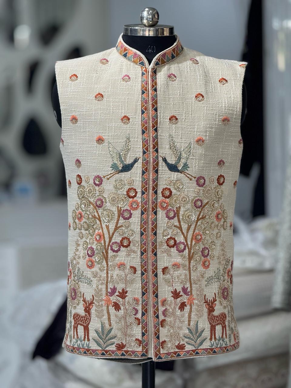 Hand Embroidered Khadi Jute Nehru Jacket Set for Men