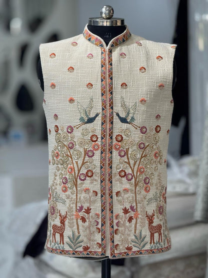 Hand Embroidered Khadi Jute Nehru Jacket Set for Men