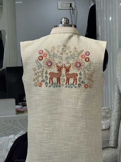 Hand Embroidered Khadi Jute Nehru Jacket Set for Men