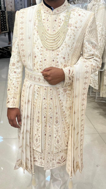 Golden Attire Ivory Groom Sherwani with Zardosi | Silk & Viscose Embroidered Wedding Outfit | Customizable Turban, Shawl & Necklace Set