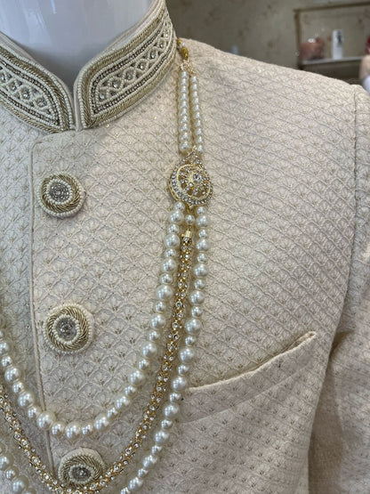 Ivory Elegance: Three-Layered Pearl Mala Groom Necklace with Exquisite Stone Detailing for Sherwani Perfection