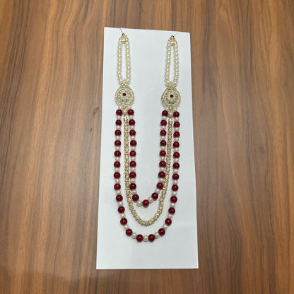 Regal Red Three-Layered Pearl Mala Necklace for Grooms | Stone-Embellished Sherwani Jewelry | Traditional Wedding Mala for Men