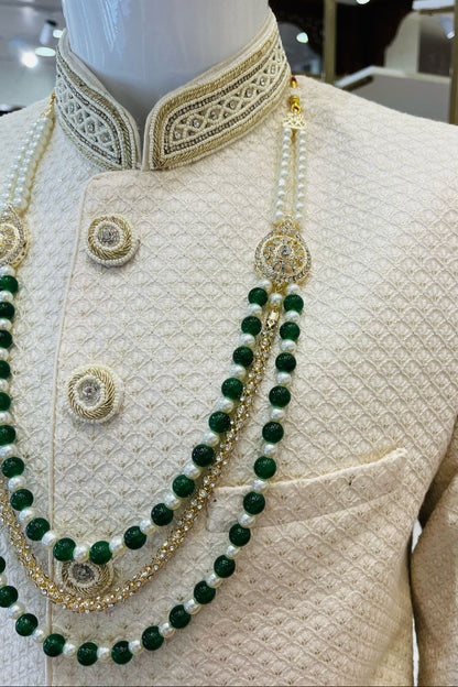Elegant Green Three-Layered Pearl Mala Necklace for Groom | Stone Detailing Wedding Jewelry | Handcrafted Ethnic Groom Accessory