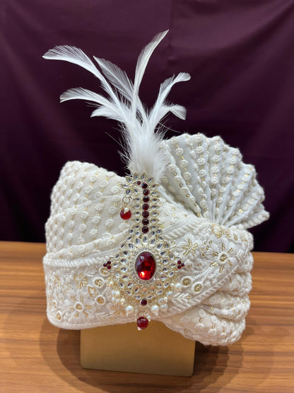 Ivory Groom Turban Brooch Kalangi & Inbuilt Maroon Diamond | Free Worldwide Shipping | Golden Attire
