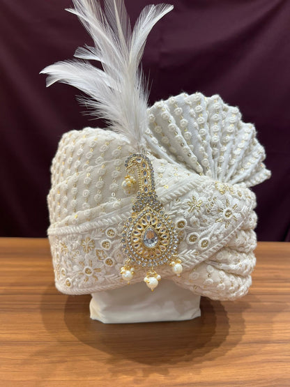 Golden Attire Beige Kundan Kalangi & Kalgi Set | Premium Stone Turban Pin | Sikh Groom Accessory