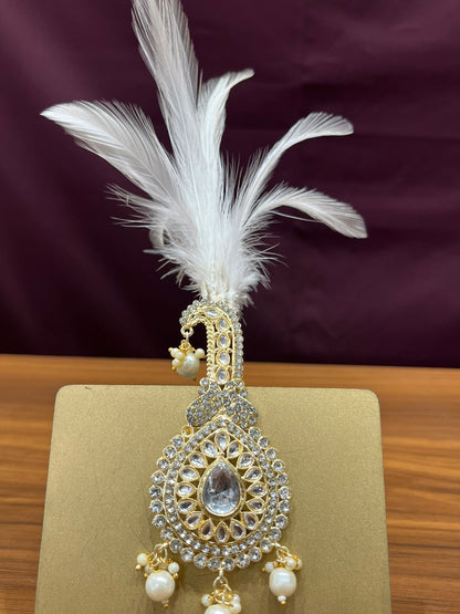 Golden Attire Beige Kundan Kalangi & Kalgi Set | Premium Stone Turban Pin | Sikh Groom Accessory