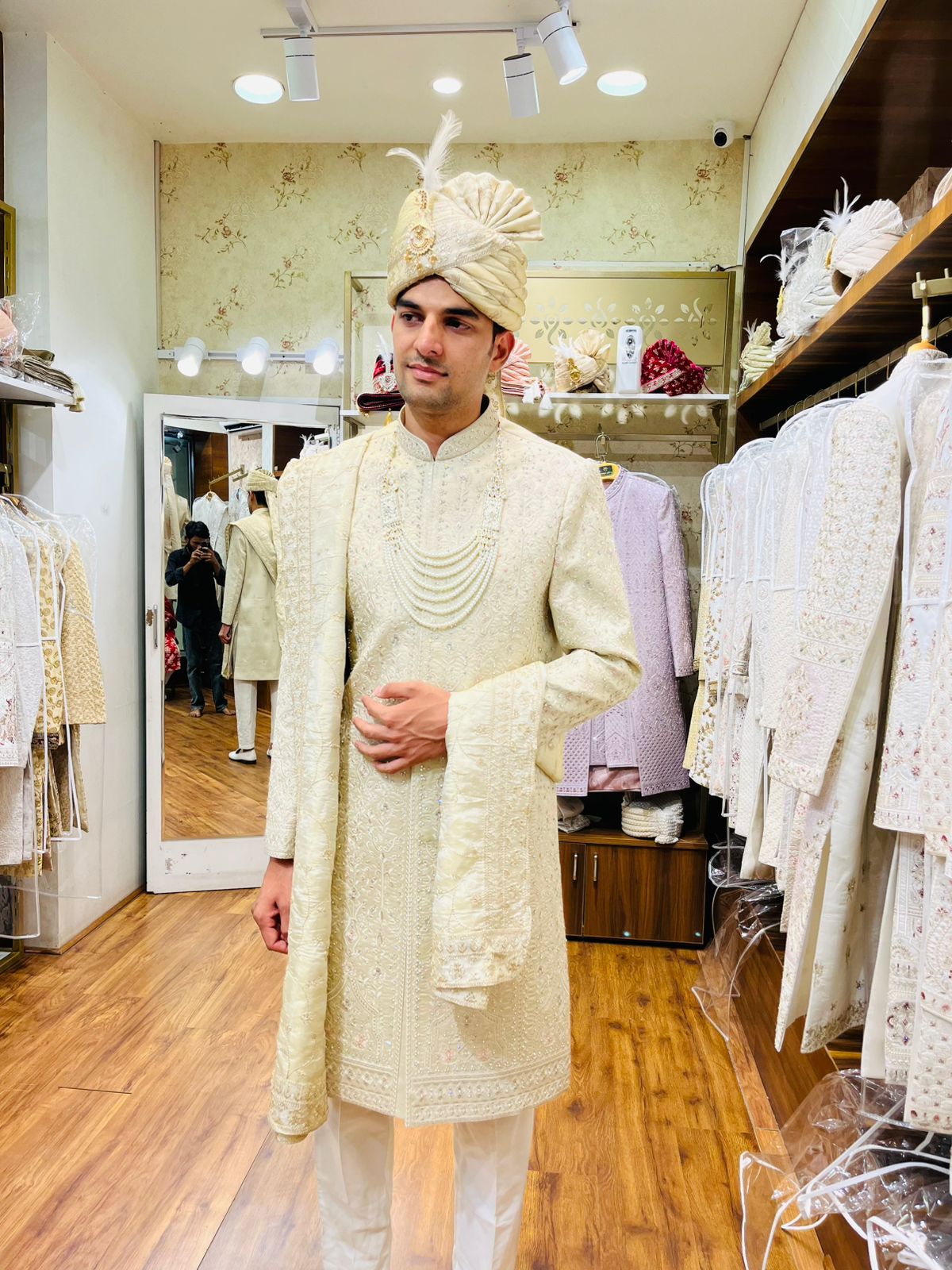 Beige Royal Embroidered Sherwani for Men | All Over Thread Work | Custom Sizing | Free Worldwide Shipping | Golden Attire