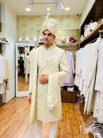 Beige Royal Embroidered Sherwani for Men | All Over Thread Work | Custom Sizing | Free Worldwide Shipping | Golden Attire