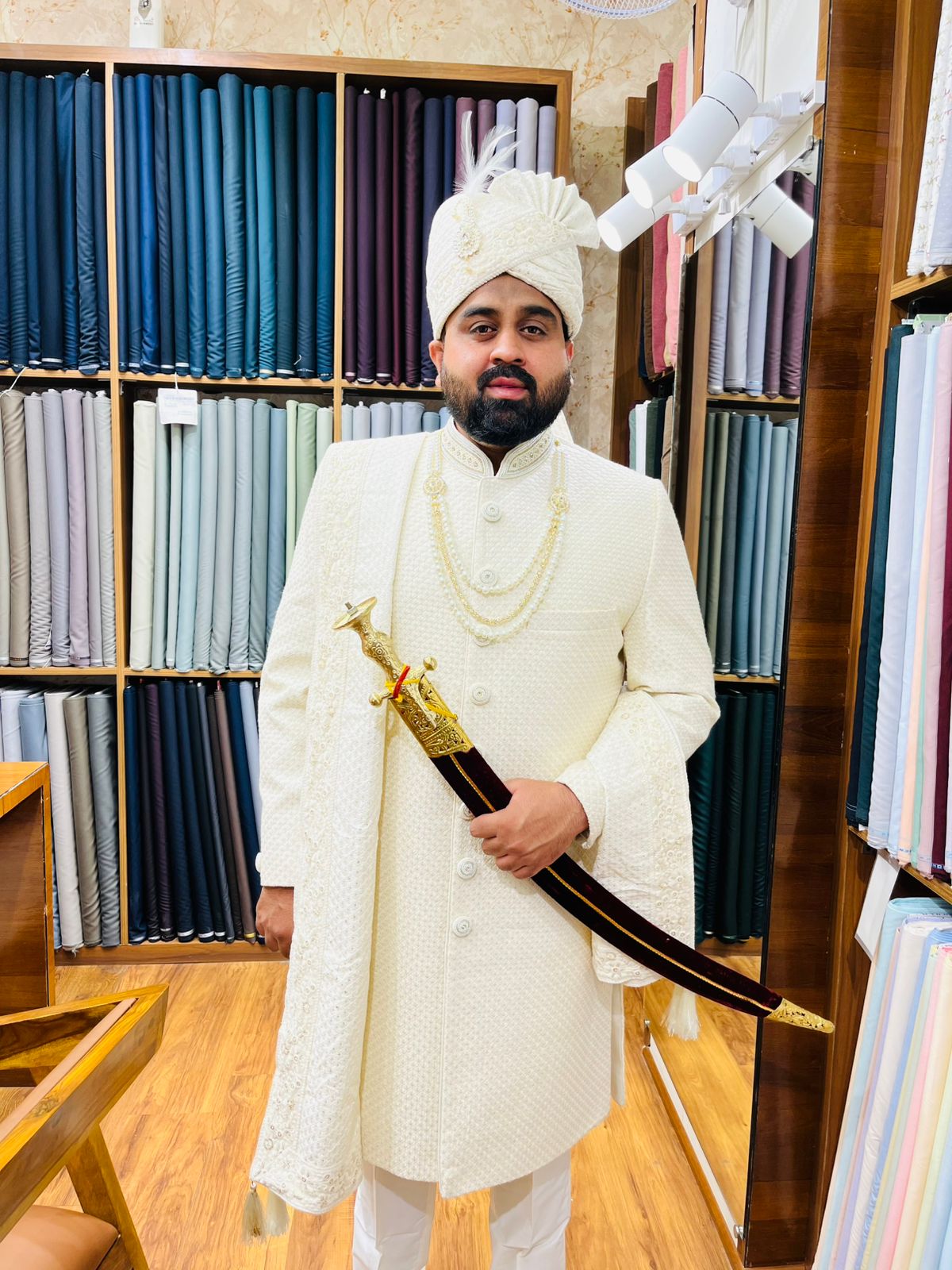 Off-White Groom Sherwani | All Over Thread Embroidery | Luxury Indian Wedding Sherwani | Customizable Fit | Golden Attire