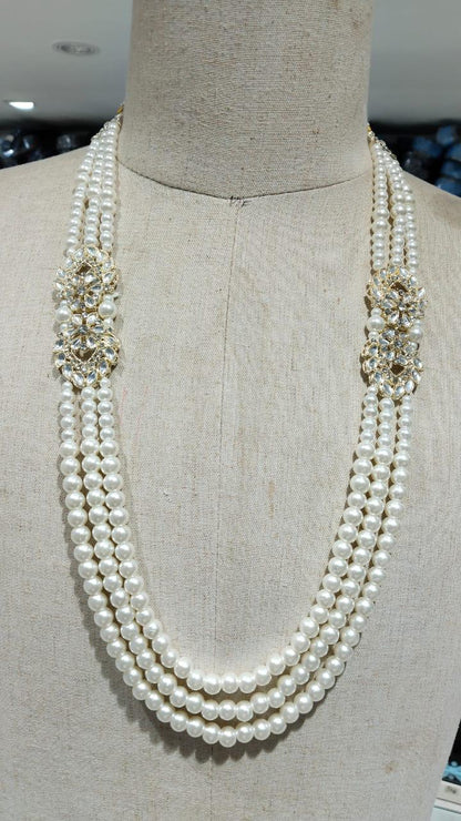 Indian Groom Mala 3 Layered Pearl Necklace with Stone Detailing | Off White Kantha Style | Golden Attire
