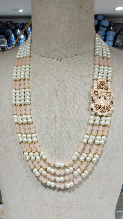 Peach & Pearl Majesty 4 Layer Indian Groom Mala with Kantha Brooch & Stone Detailing | Sherwani Necklace