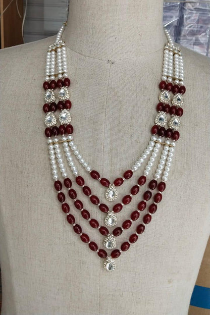 Golden Attire Maroon Indian Groom Mala | 4-Layered Pearl Necklace with Stone Detailing & Brooch | Kantha Style Sherwani Jewelry