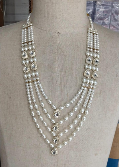 Ivory Pearl Groom Necklace | 4-Layer Kantha Mala with Stone Detailing | Sherwani Jewelry | Golden Attire