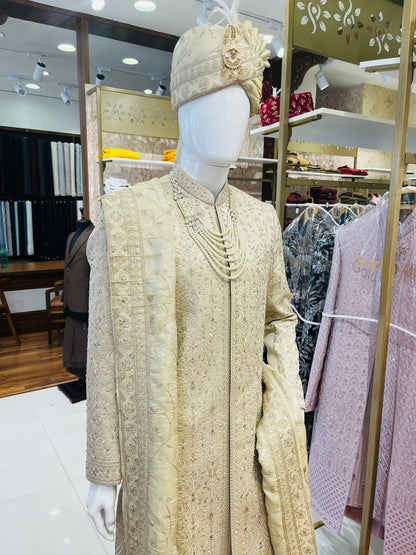 Golden Attire | Beige Embroidered Groom Sherwani | Luxury Custom Indian Wedding Sherwani | All Over Thread Work