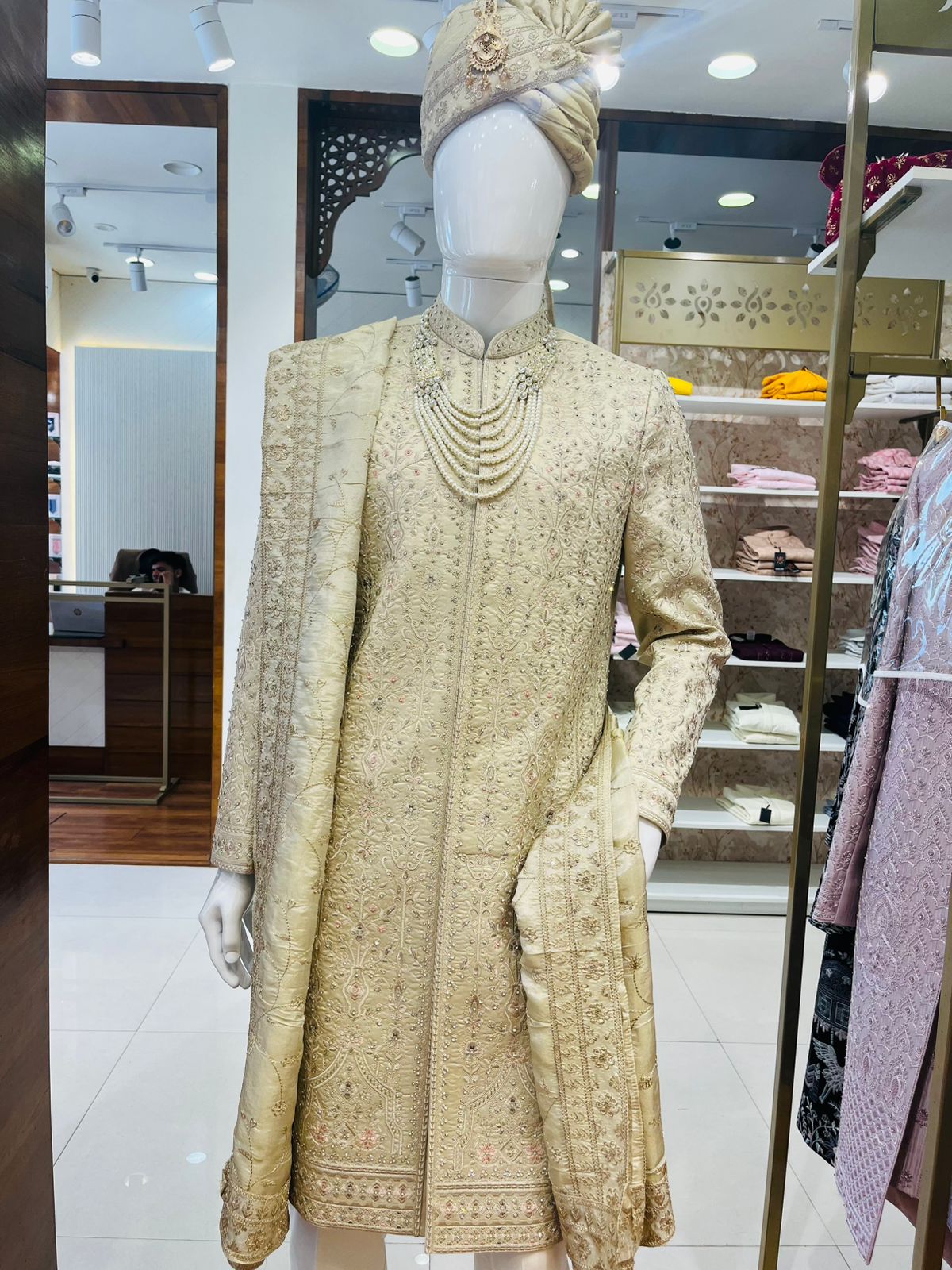 Golden Attire | Beige Embroidered Groom Sherwani | Luxury Custom Indian Wedding Sherwani | All Over Thread Work