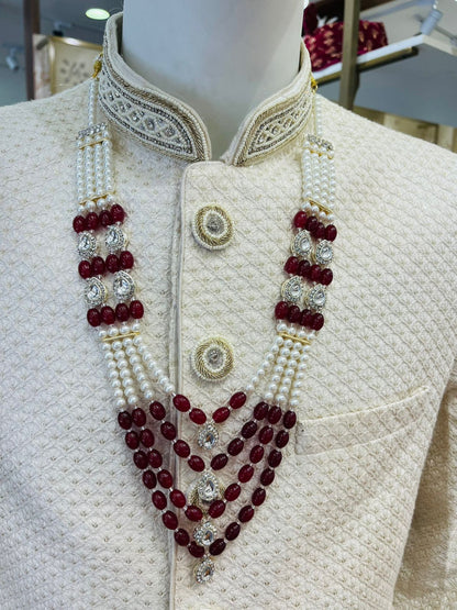 Golden Attire Maroon Indian Groom Mala | 4-Layered Pearl Necklace with Stone Detailing & Brooch | Kantha Style Sherwani Jewelry