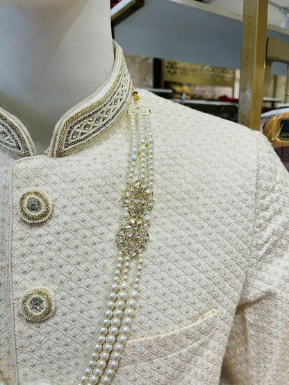 Indian Groom Mala 3 Layered Pearl Necklace with Stone Detailing | Off White Kantha Style | Golden Attire