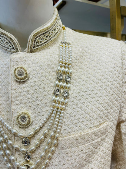 Ivory Pearl Groom Necklace | 4-Layer Kantha Mala with Stone Detailing | Sherwani Jewelry | Golden Attire