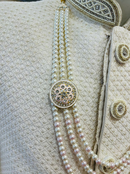 Off-White Groom Kantha Necklace with Peach Brooch & 3-Layer Pearl Mala | Stone Detailing | Sherwani Jewelry