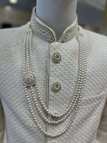 Off-White Groom Kantha Necklace with Peach Brooch & 3-Layer Pearl Mala | Stone Detailing | Sherwani Jewelry