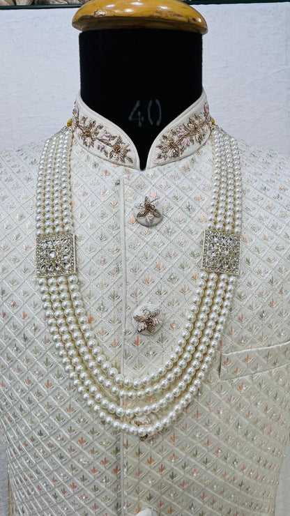 Golden Attire | Off-White Groom Mala Necklace | 4-Layered Pearl Mala with Stone Brooch & Kantha Detailing | Sherwani Jewelry