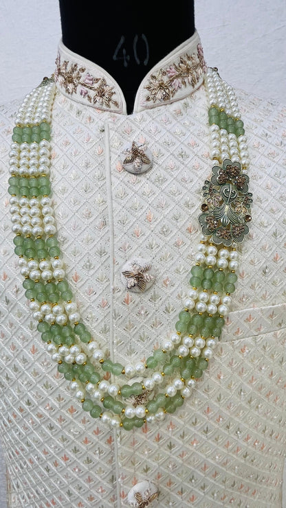 Sage Green Indian Groom Pearl Mala | 4-Layered Kantha Brooch Necklace | Stone Detailing | Sherwani Accessory