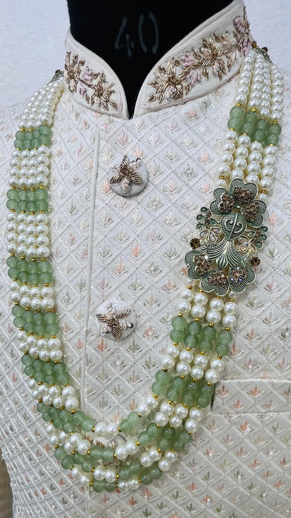 Sage Green Indian Groom Pearl Mala | 4-Layered Kantha Brooch Necklace | Stone Detailing | Sherwani Accessory