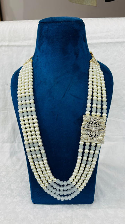 Grey Kantha Kundan Mala | 4 Layered Pearl Necklace with Stone Detailing Brooch | Indian Groom Sherwani Jewelry