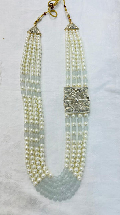 Grey Kantha Kundan Mala | 4 Layered Pearl Necklace with Stone Detailing Brooch | Indian Groom Sherwani Jewelry