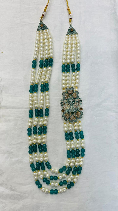 Golden Attire Green Stone detailing Brooch & 4 Layered Pearl Mala Set | Latest Indian Groom Necklace for Sherwani
